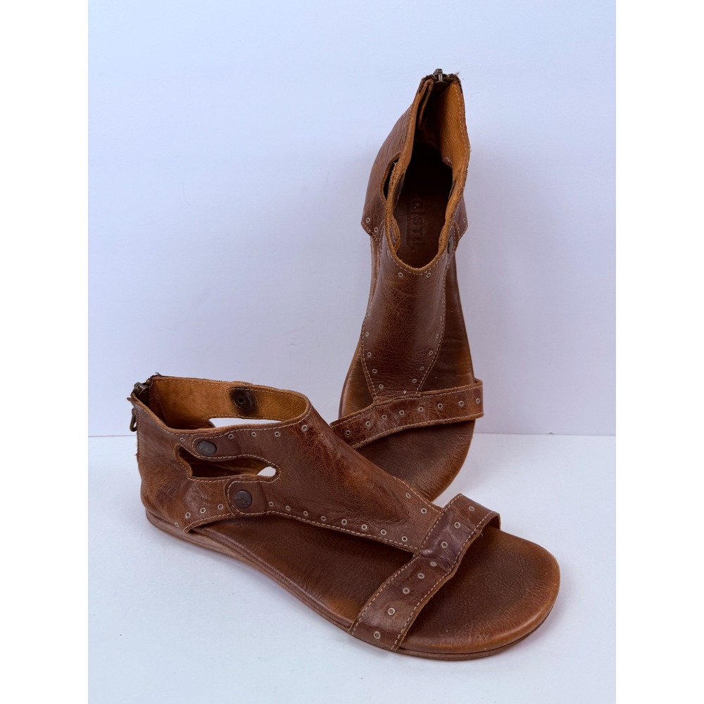 Bed Stu Tan Leather Soto Gladiator Sandals Studded Flat Boho Zip Size 9.5